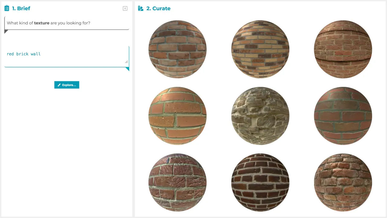 Screenshot of a user interface showing brick texture materials as 3D sheres.